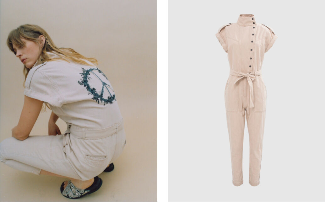 Desert Terra Denim jumpsuit, peace & love embroidered back
