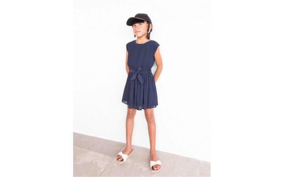 Girls’ navy pleated dress with belt