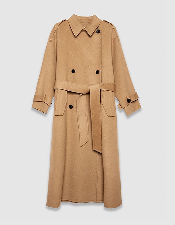 Camel lange wollen jas in trenchcoatstijl Dames