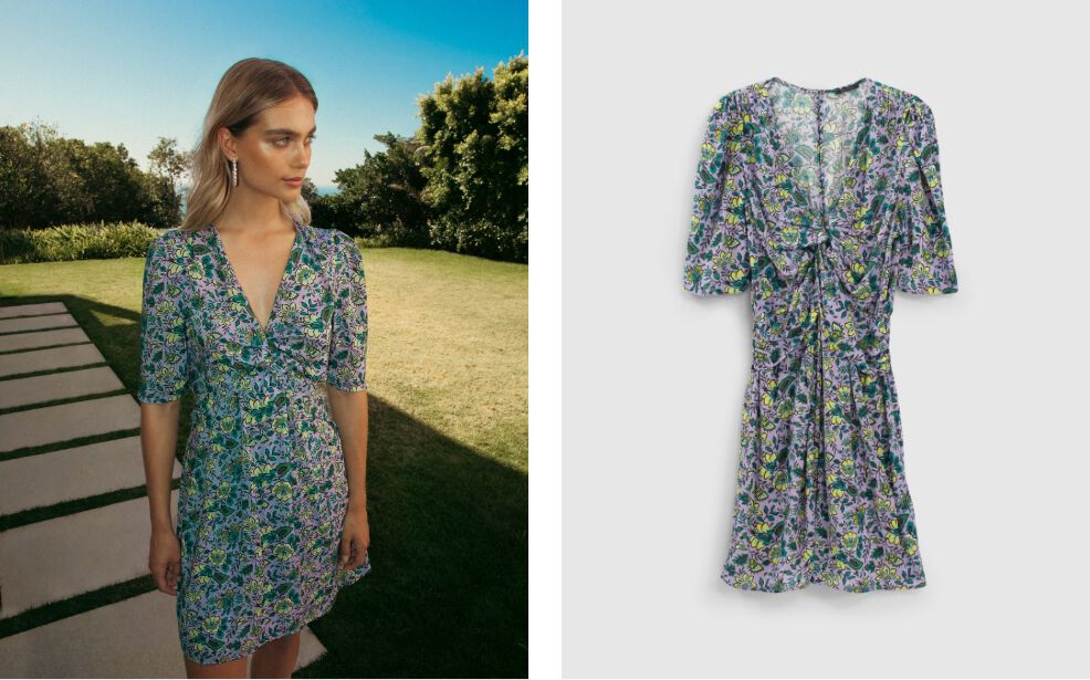 Vestido lila efecto drapeado maxi flores mujer