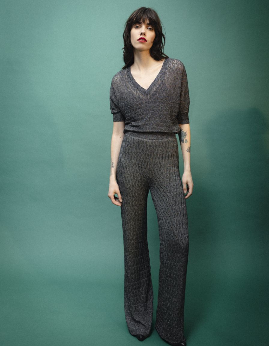 Pantalon gris maille fine graphique ajourée Femme