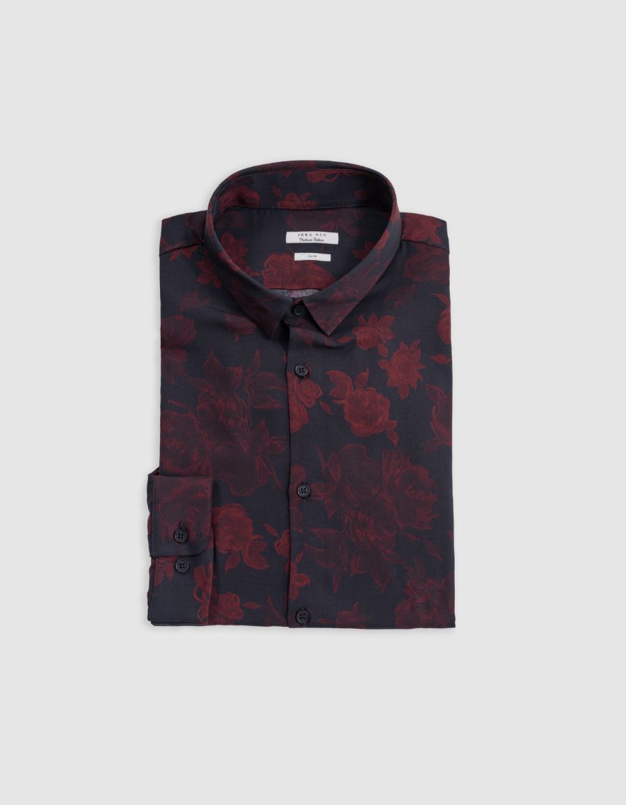 Camisa SLIM negra de hombre con estampado de rosas rojas