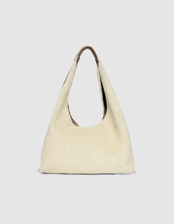 Gebroken witte hobo-tas mix shearling en leer Dames