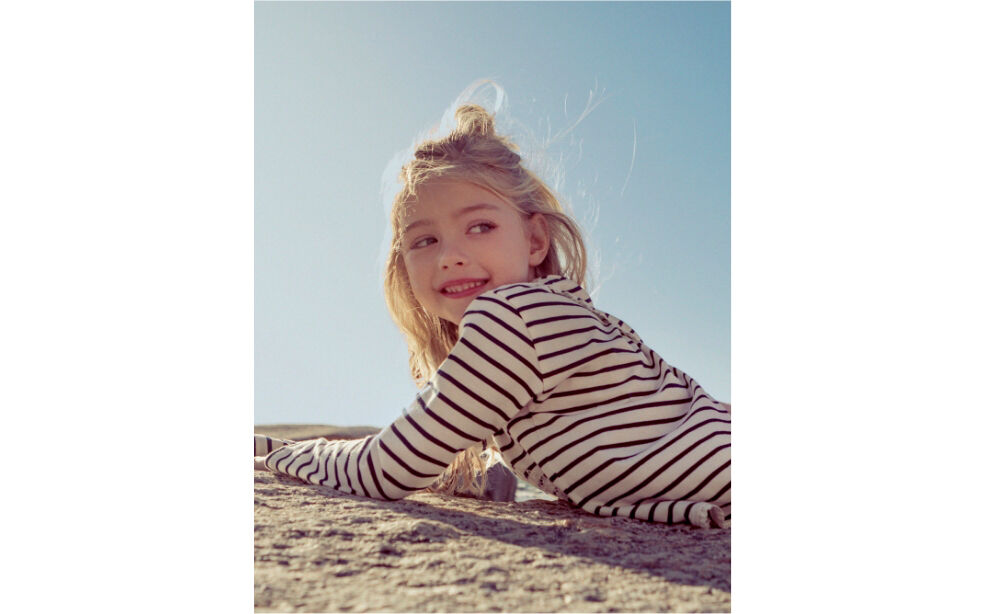 Girls’ ecru sailor top, navy stripes & embroidered anchor
