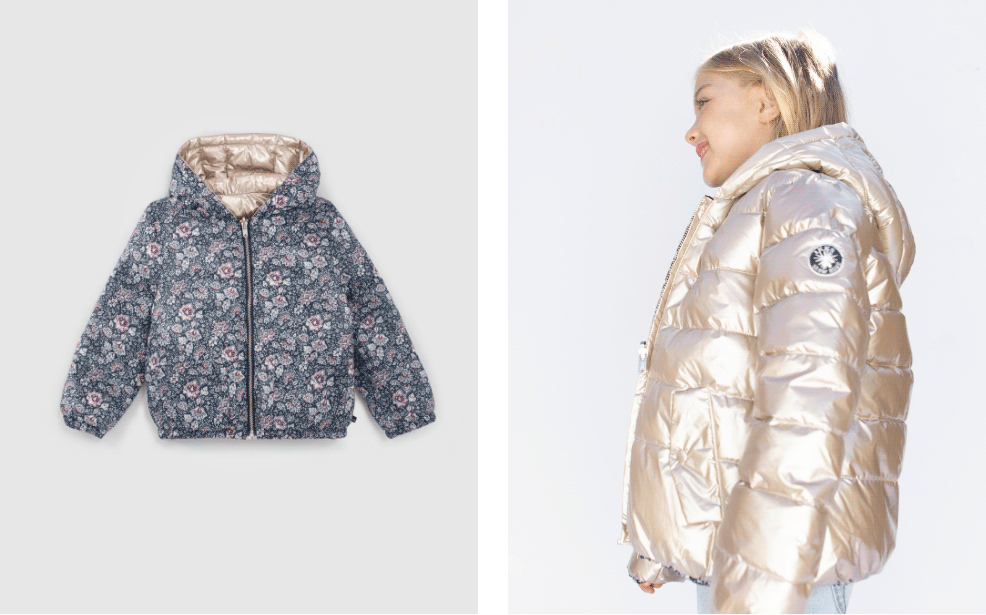 Girls’ navy flower/silver reversible padded jacket