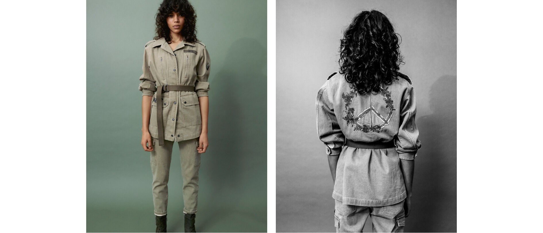 Light khaki Terra Denim safari jacket, peace & love back