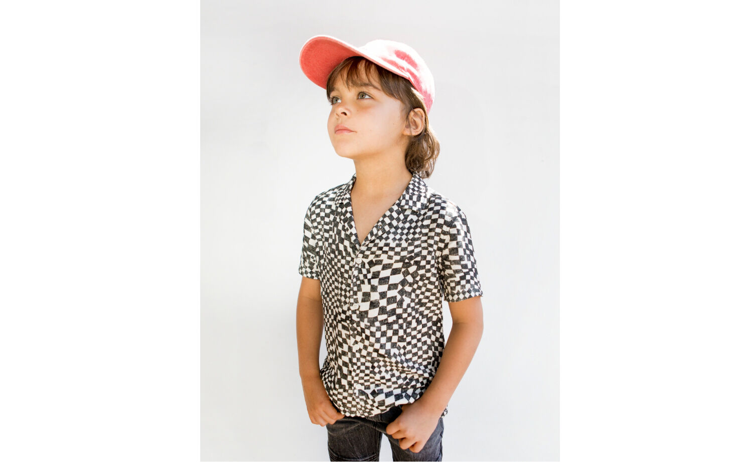 Boys’ beige Lenzing™ Ecovero™ viscose shirt with black checkerboard
