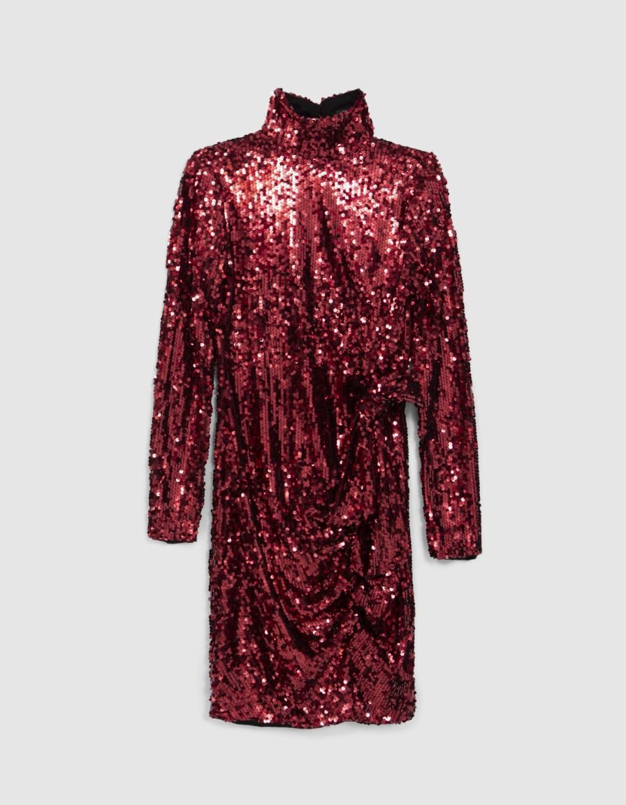 Sequin-embroidered draped-effect vermilion dress for women