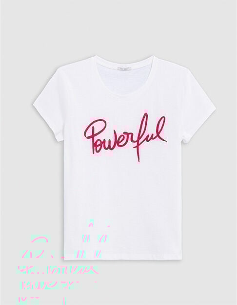 Tee-shirt blanc manches courtes message brod&eacute; Femme