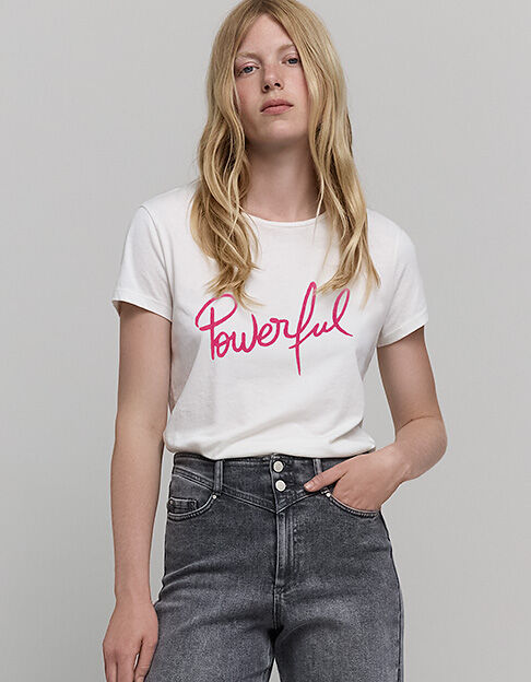 Tee-shirt blanc manches courtes message brod&eacute; Femme