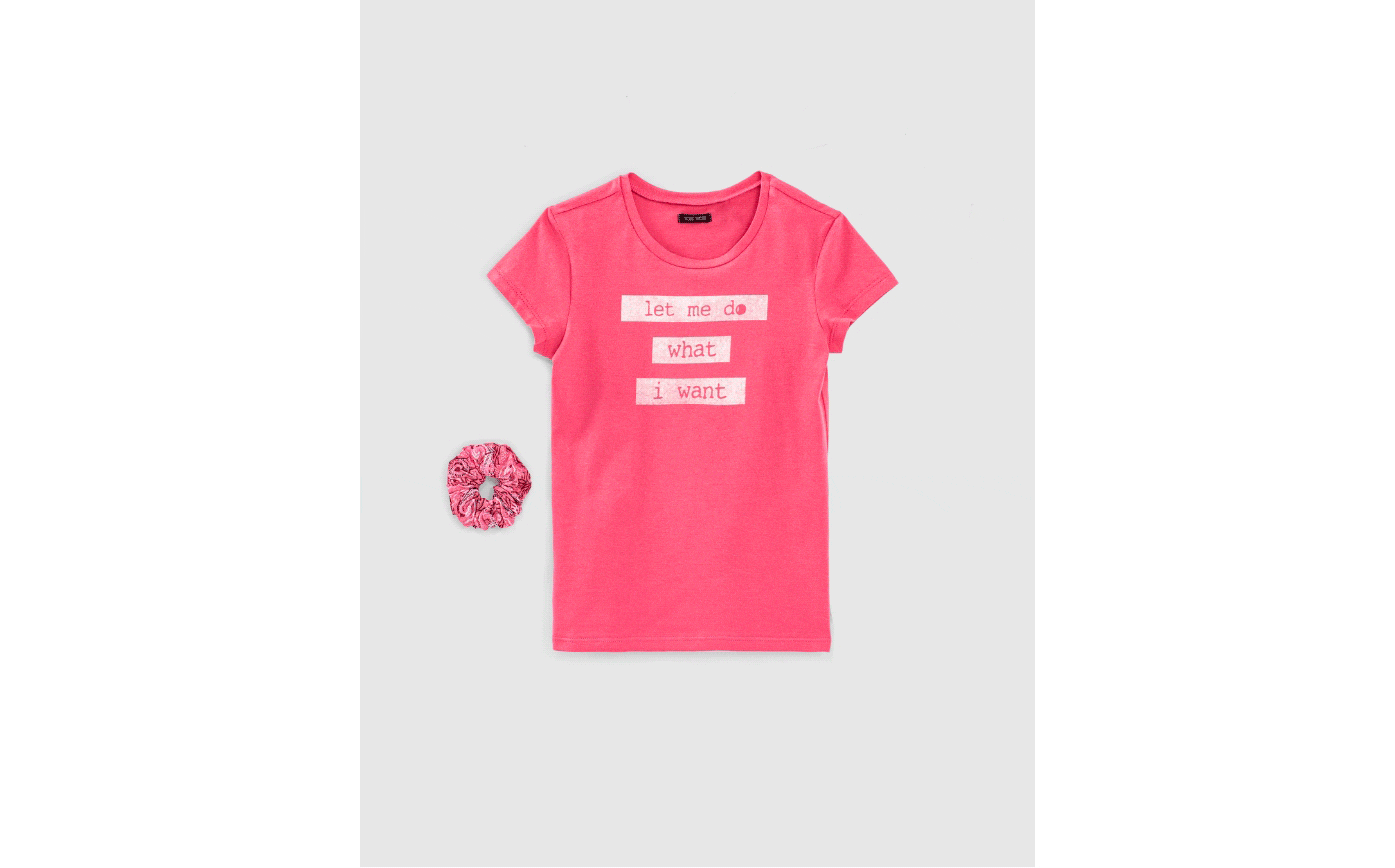 T-shirt fuchsia coton bio à message avec chouchou fille