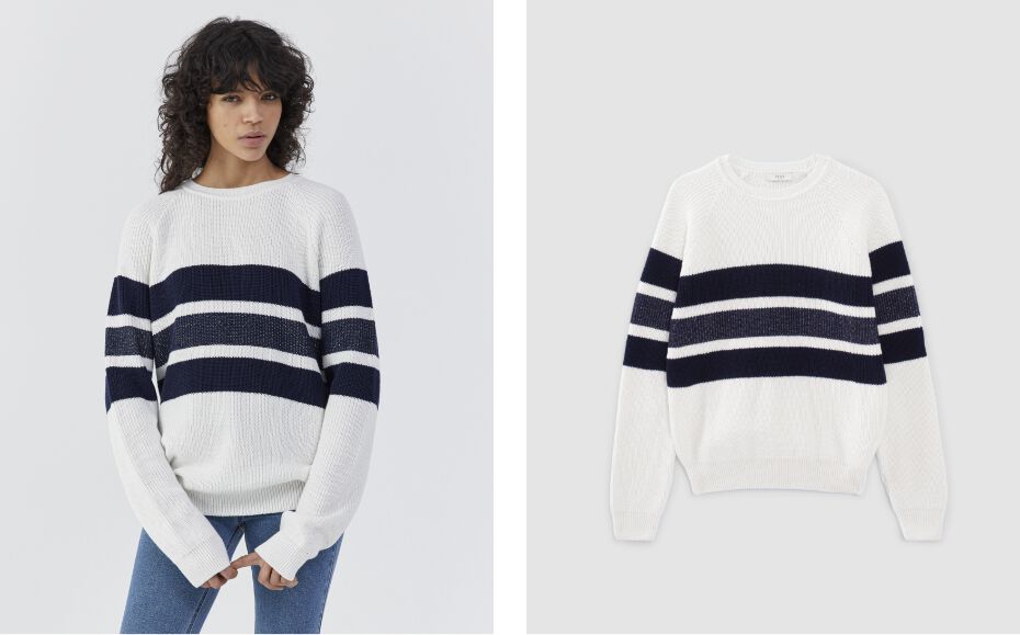 Men’s off-white knit sweater with navy sailor stripes