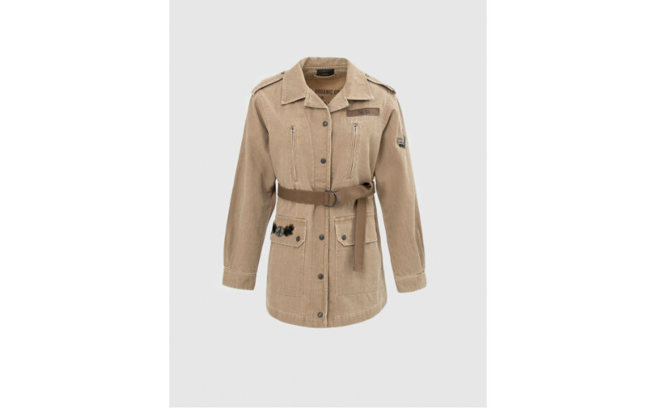 Light khaki Terra Denim safari jacket, peace & love back