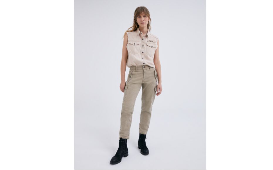 Women’s light khaki Terra Denim cropped combat trousers
