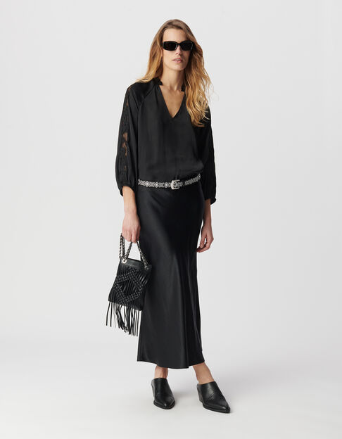 Blouse noire effet froissé avec dentelle Femme - IKKS