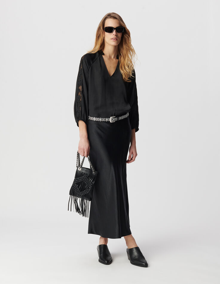 Blouse noire effet froissé avec dentelle Femme-1