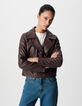 Chaqueta cuero burdeos motera capucha extraíble mujer-6
