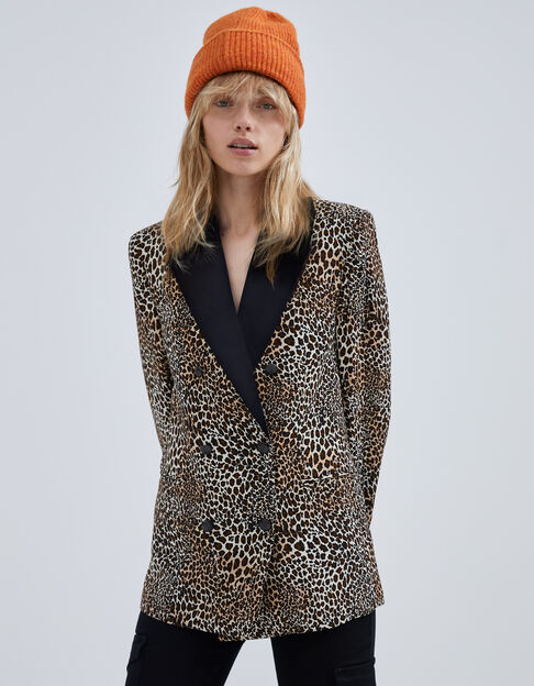 Women’s cognac suit jacket with baby leopard print