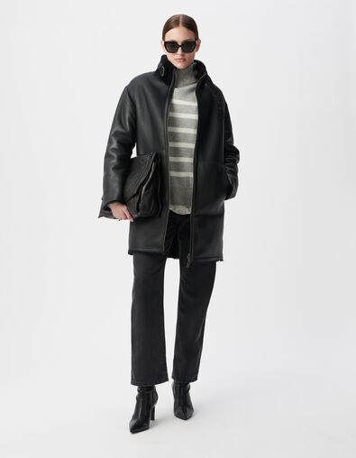 Manteau noir mi-long peau retournée Femme - IKKS