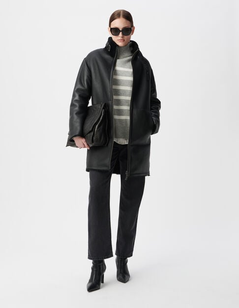 Manteau noir mi-long peau retournée Femme - IKKS