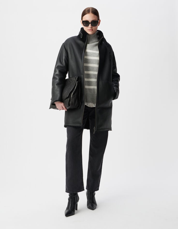 Manteau noir mi-long peau retournée Femme-1