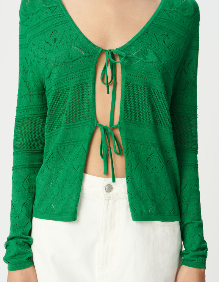 Grüne Strickjacke, Lochstrick zum Binden-4