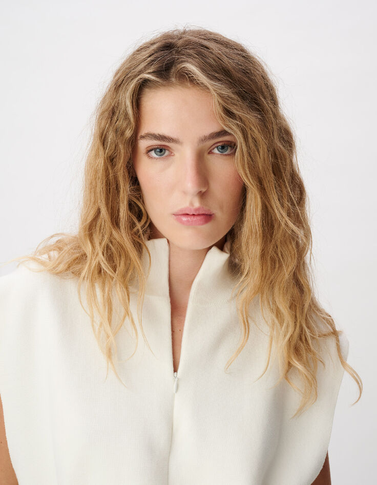 Pull sans manches blanc tricot col camionneur Femme-4
