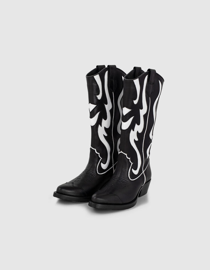 Women&rsquo;s black & white leather cowboy boots, Western seams-5
