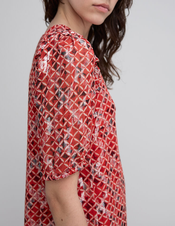 Robe courte en voile rouge imprimé Trellis femme-5