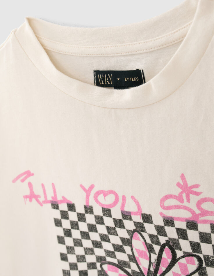 T-shirt &eacute;cru coton bio visuel fleur et damier fille-5