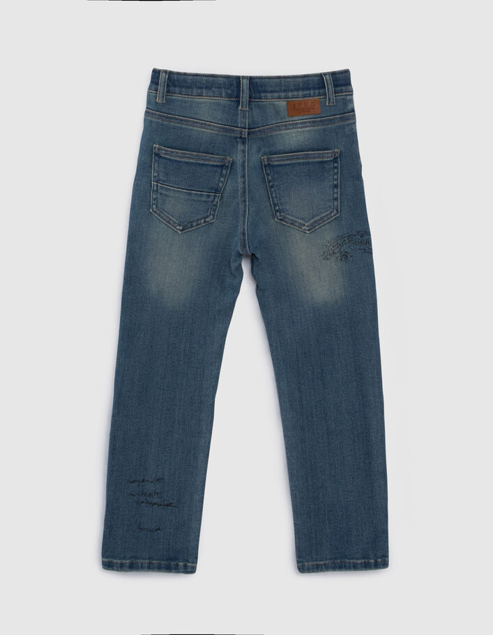 Boys’ blue upcycled straight jeans, print front and back
