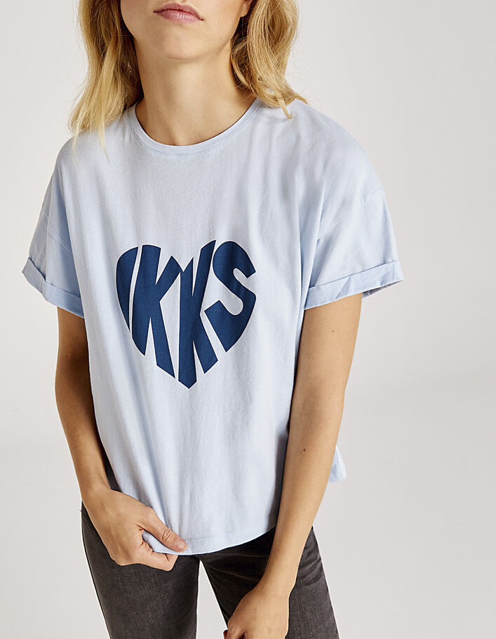 Camiseta azul celeste 100 % algodón motivo corazón mujer-1