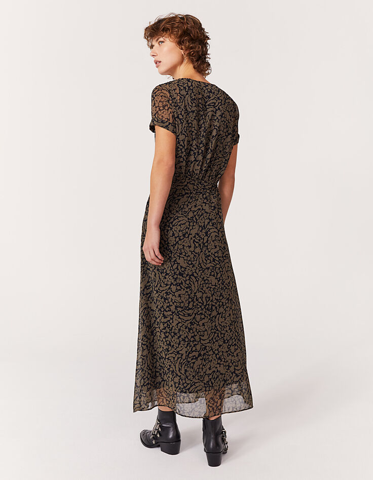 Robe longue en voile imprimé kaki détails studs femme-2
