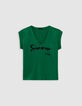 Green V-neck T-shirt with slogan-5