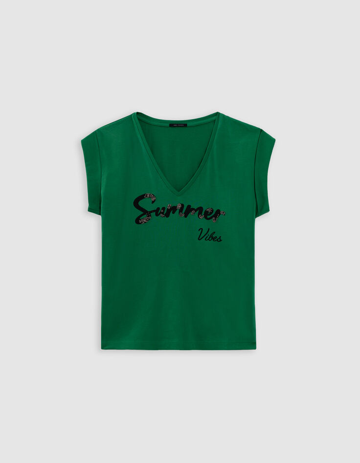 Green V-neck T-shirt with slogan-5