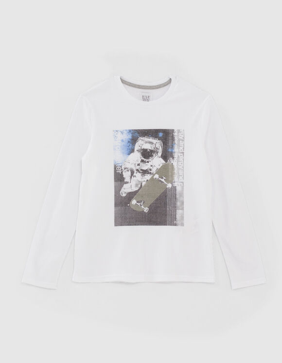 T-shirt blanc coton bio visuel astronaute-skateur garçon