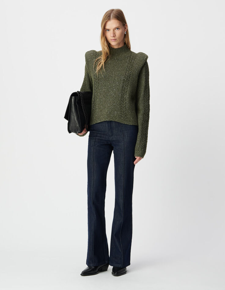 Khaki Damenstrickpulli Lurex, Schulterpolster, Zopfmuster-1