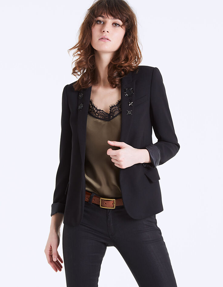 Veste tailleur crêpe col broderies bijoux femme-2