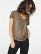 Women's bronze foil linen wide-cut V-neck T-shirt-4
