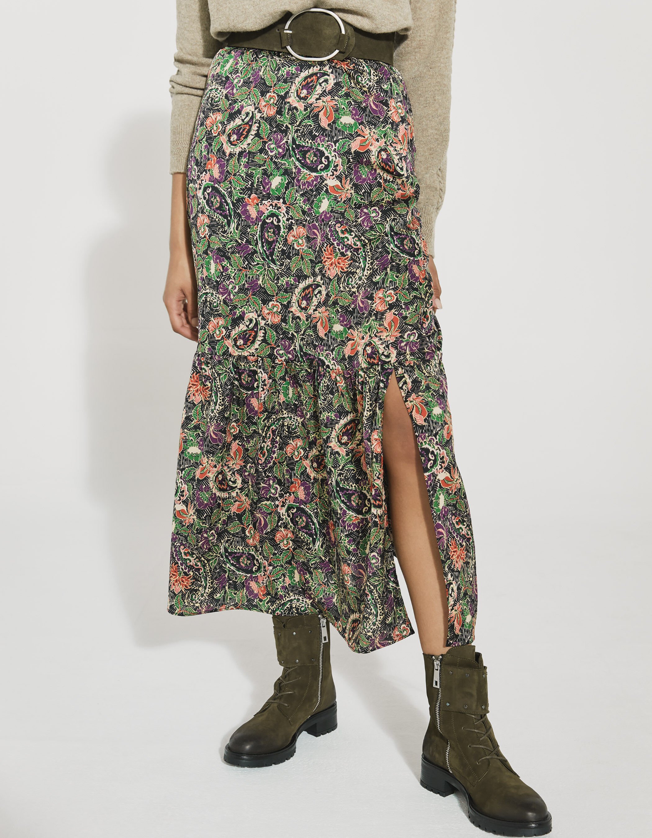 Jupe longue ample details volants imprime floral avec fente femme IKKS