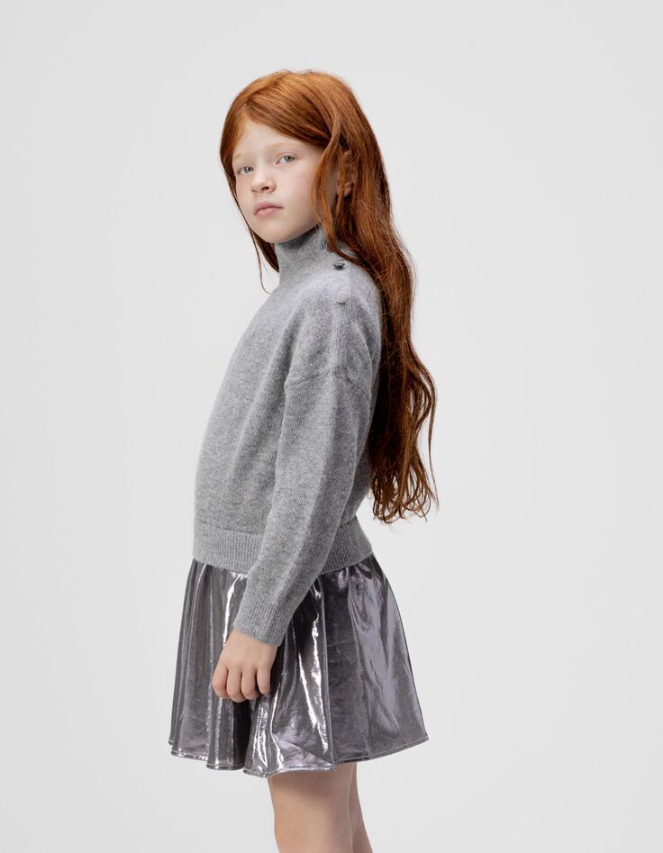 Girls’ grey knit and lamé mixed fabric dress-1 Girls’ grey knit and lamé mixed fabric dress-1