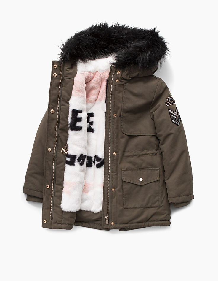 Parka kaki à capuche avec doublure fourrée fille-2