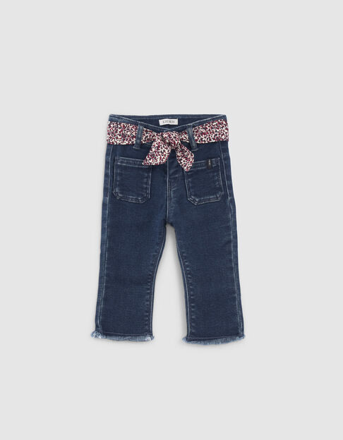 Baby girls’ blue jeans with fringed cuffs and scarf belt