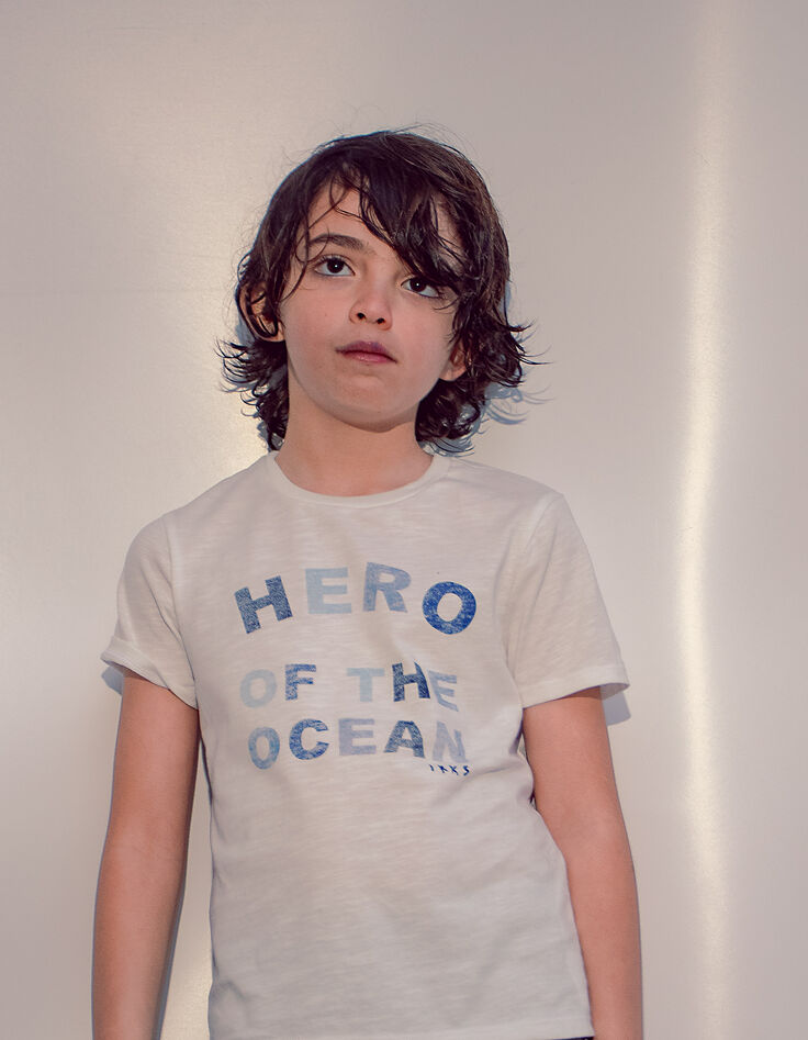 Tee-shirt blanc cassé à typo bleu coton bio garçon -1
