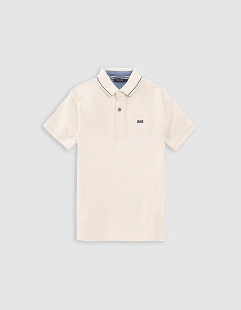 Polo beige coton bio bord-côtes rayé col garçon - IKKS