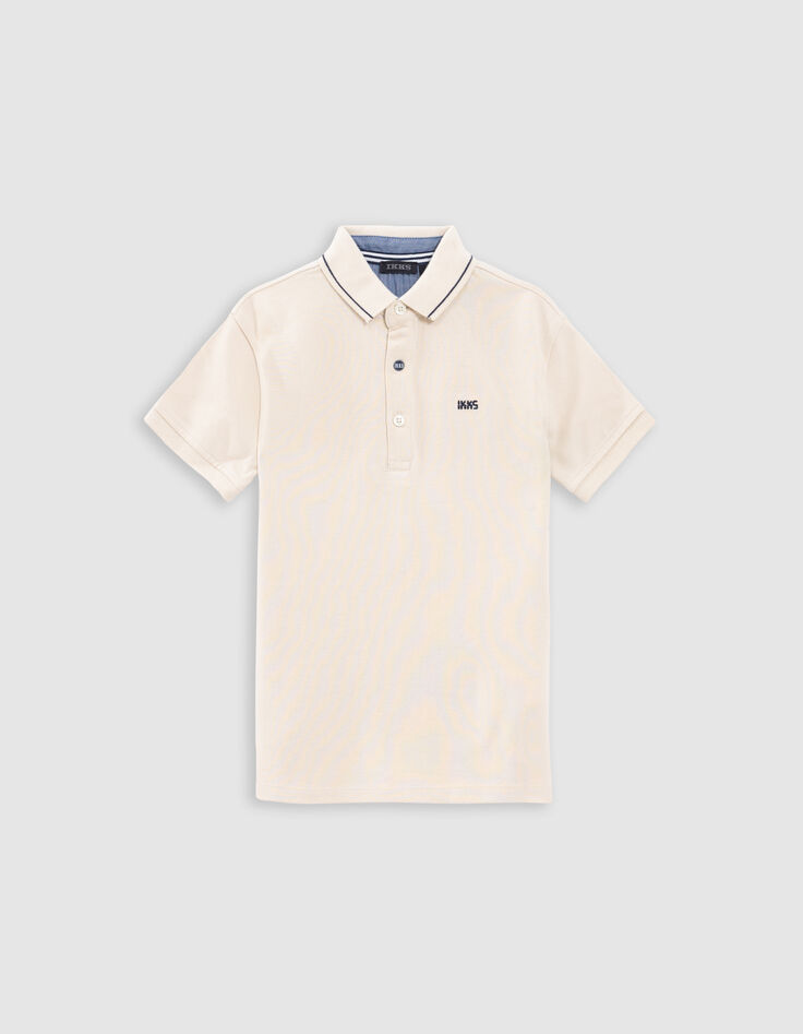 Boys’ beige organic cotton polo shirt with striped collar-3