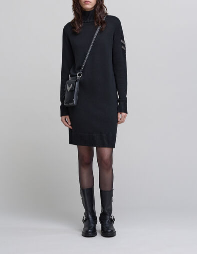 Black beaded shoulder funnel neck knitted dress - IKKS