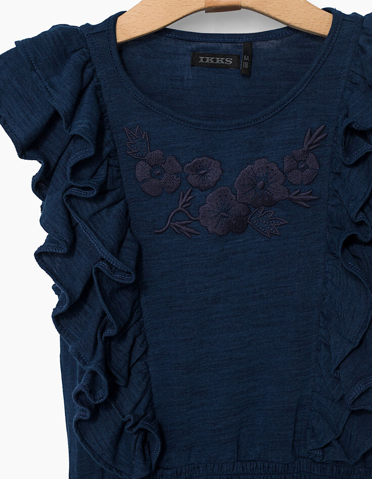 Robe indigo brodée fleurs à smocks fille-2
