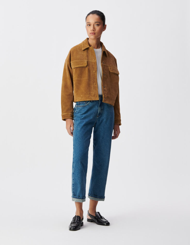 Women's oversized camel leather velour jacket-1