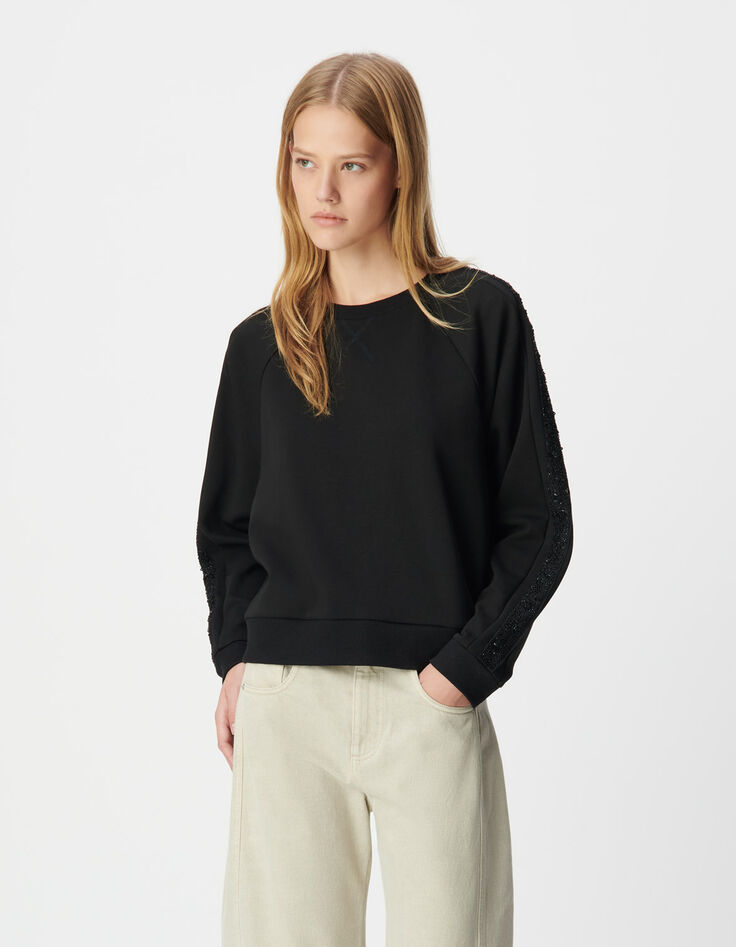 Schwarzes Damen-Oversize-Sweatshirt Stick Streifen Ärmel-2